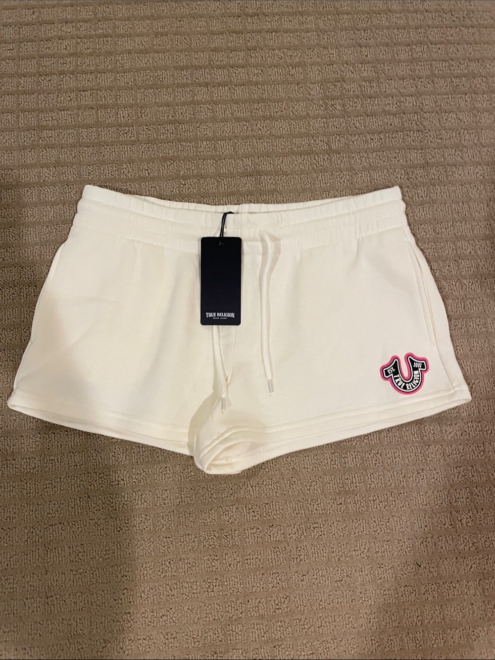 True Religion Winter White Lounge Shorts with Pink Logo Patch